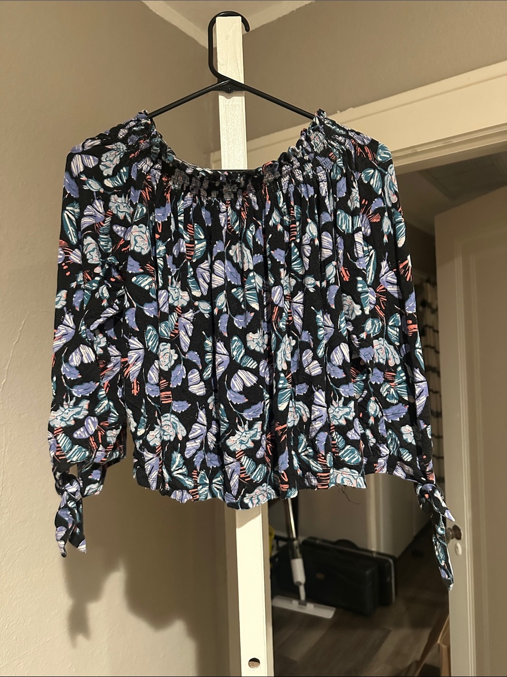Free People Black Floral Off-Shoulder Blouse with Tie Sleeves
